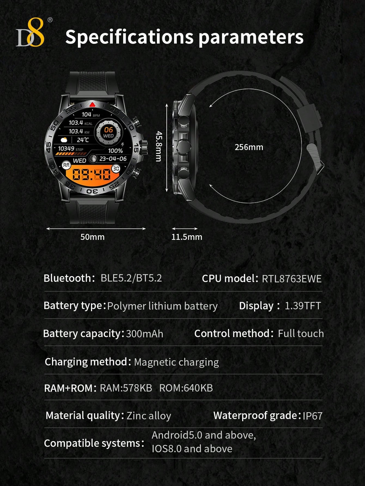 D8 Men's Rugged Smartwatch, 1.39" HD, IP67 Waterproof, 100 Sports Modes