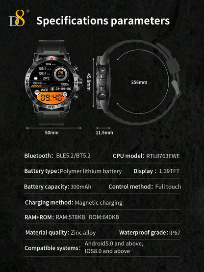 D8 Men's Rugged Smartwatch, 1.39" HD, IP67 Waterproof, 100 Sports Modes