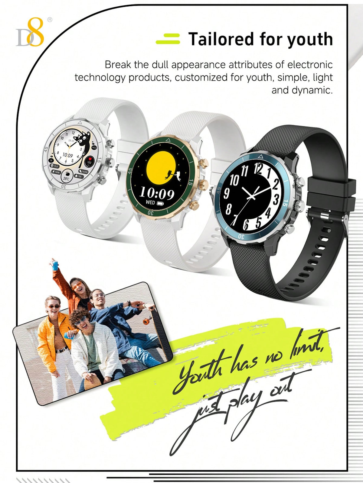 Dynamic8 Smart Watch – All-Day Fitness Tracker, Waterproof Design, Sleep & Call Monitoring (Unisex)