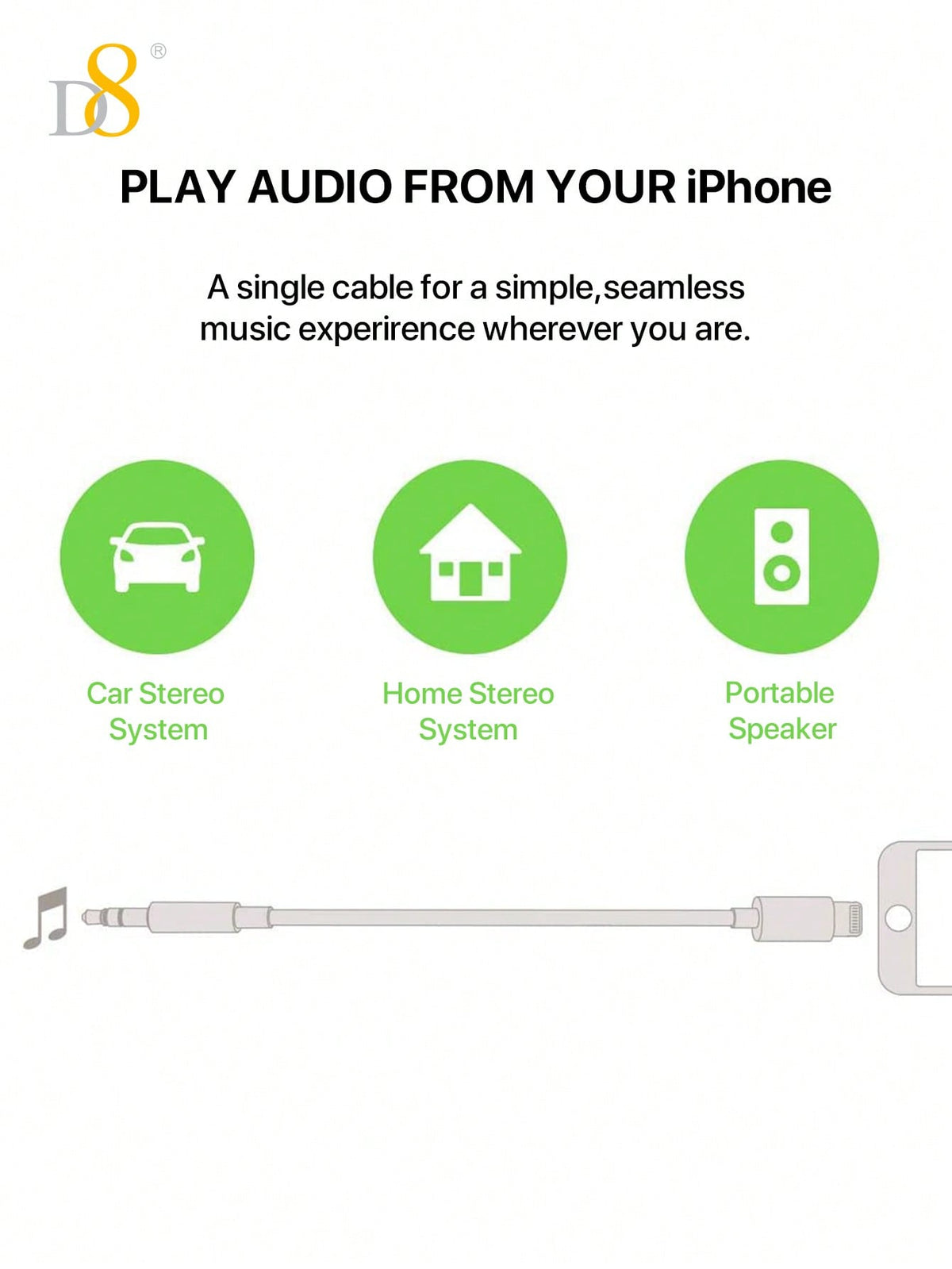 D8 iPhone AUX Cord – Lightning to 3.5mm Audio Cable Headphone Adapter