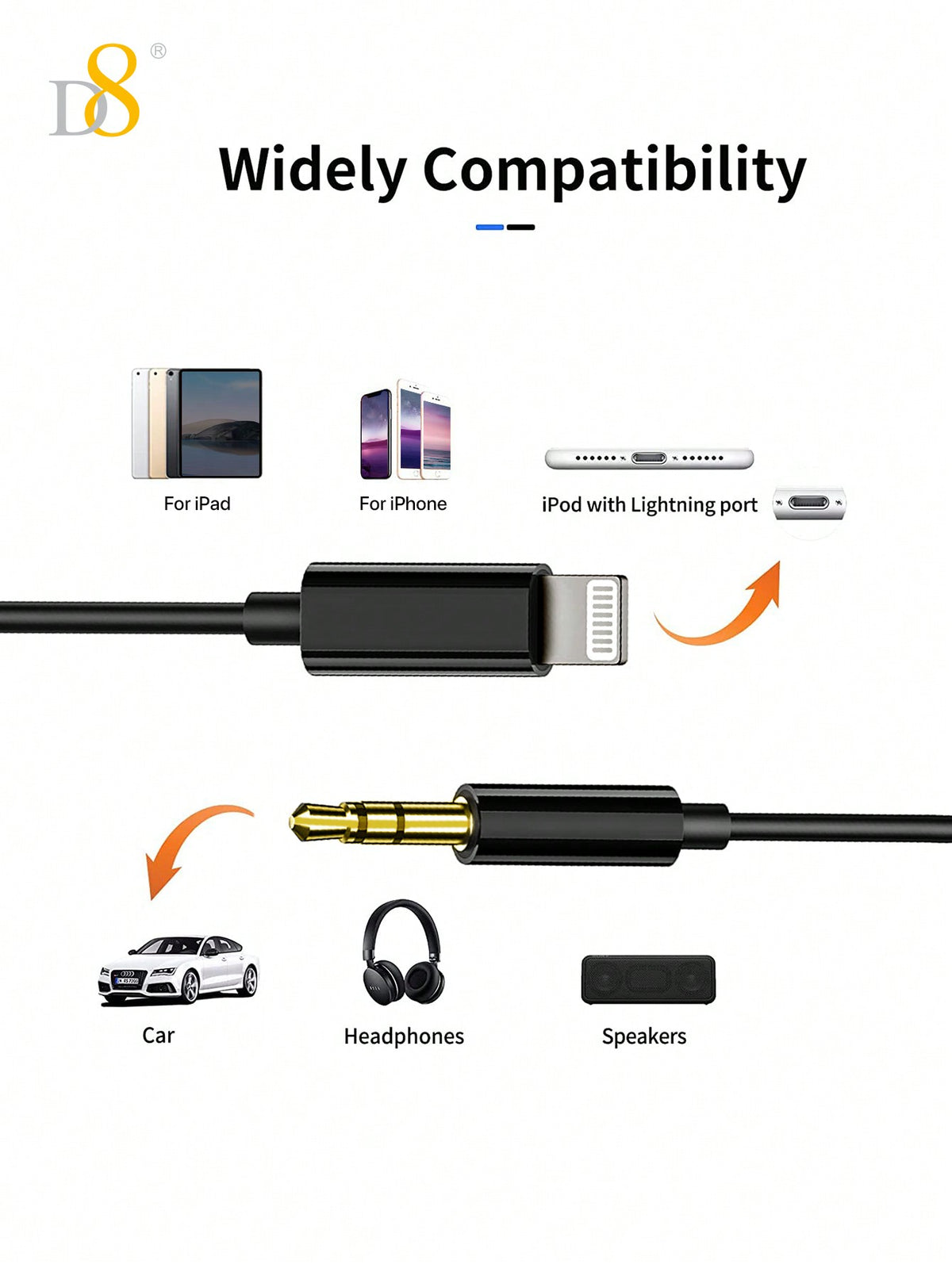 D8 iPhone AUX Cord – Lightning to 3.5mm Audio Cable Headphone Adapter
