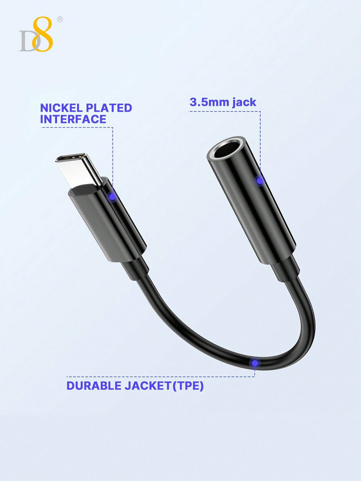 D8 USB-C to 3.5mm Adapter, Aux Dongle for iPhone 16/Galaxy/iPad/Pixel 8