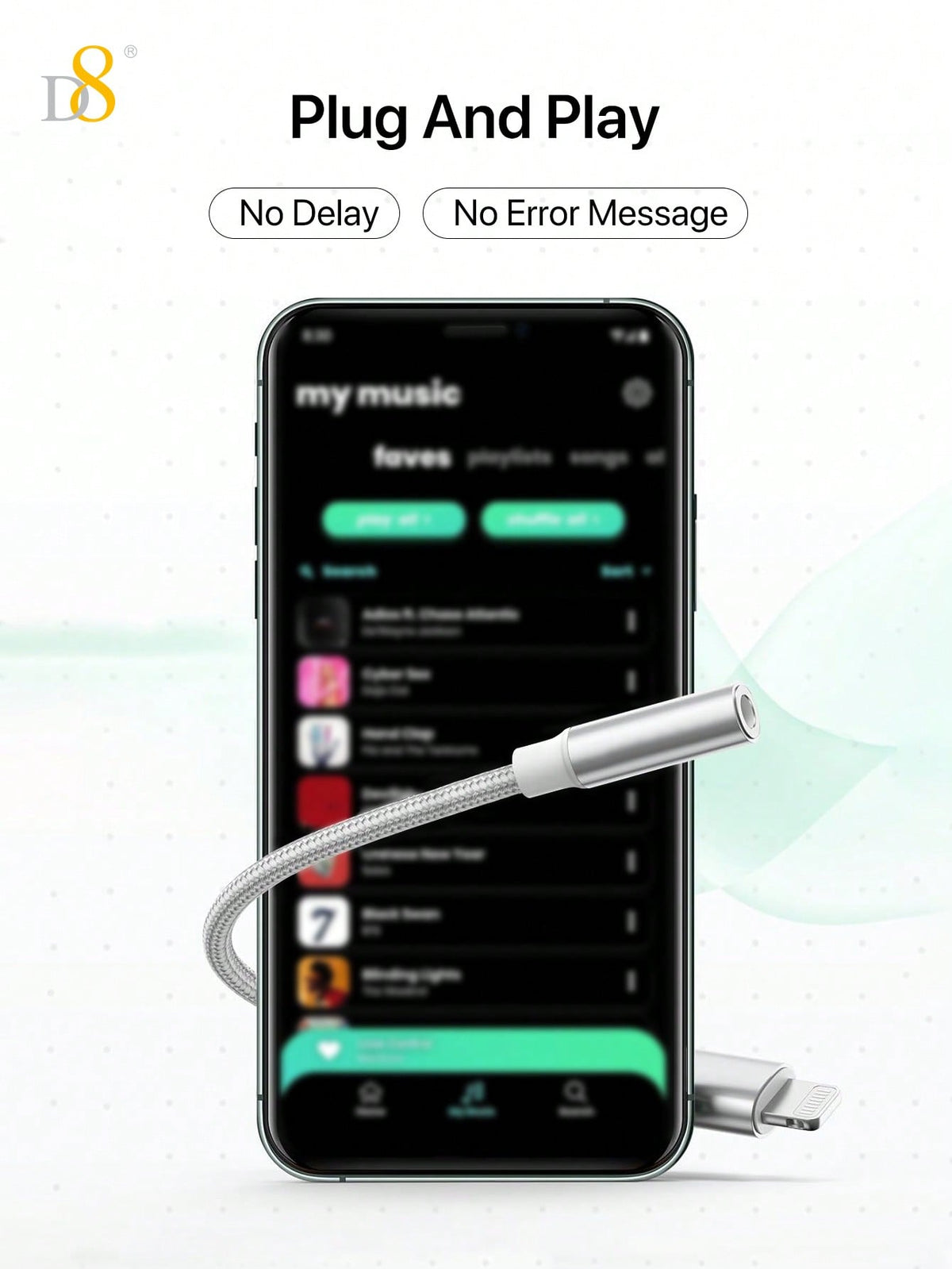 D8 MFi Certified Lightning to 3.5mm Headphone Adapter, iPhone Aux Dongle