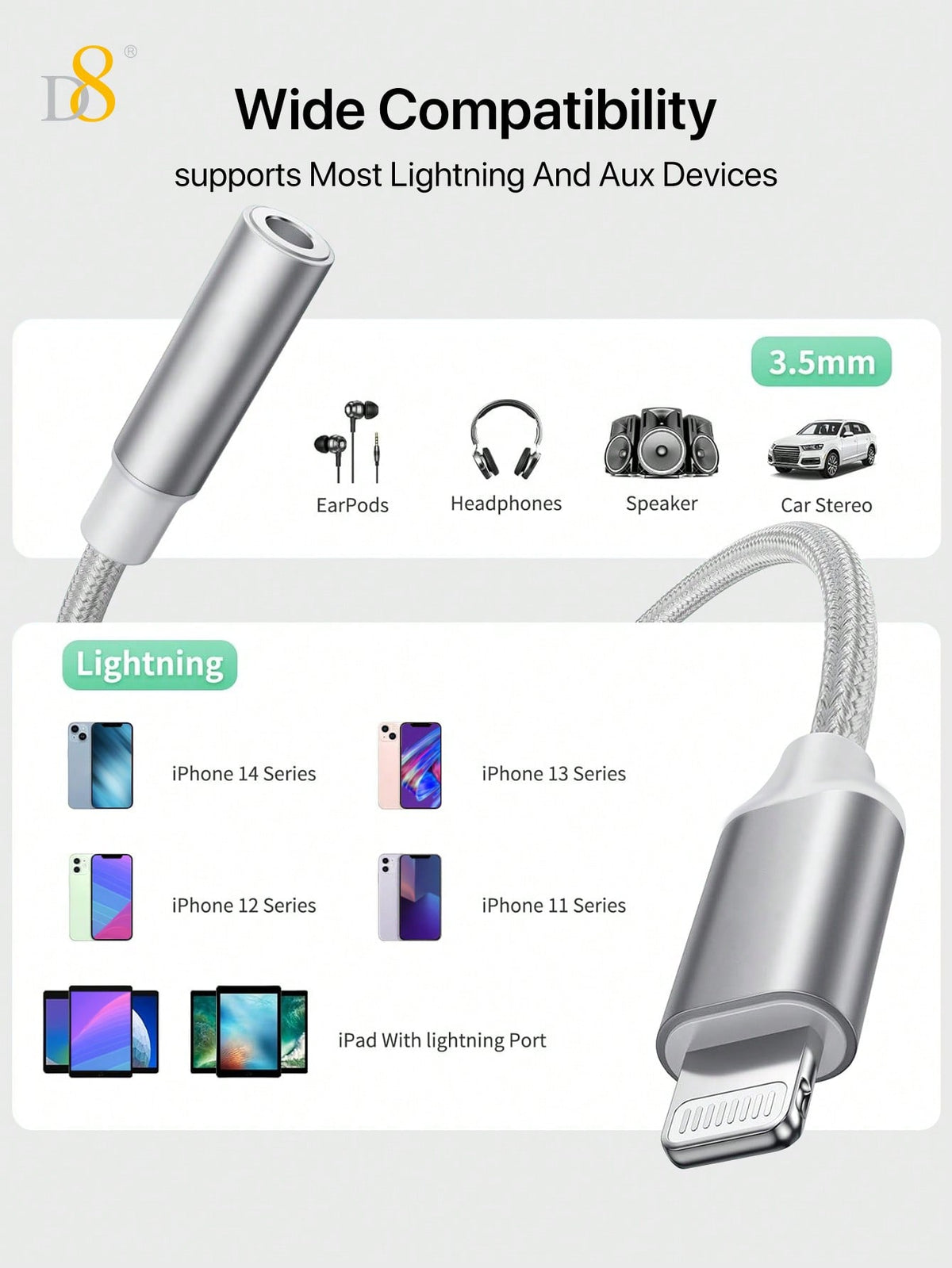 D8 MFi Certified Lightning to 3.5mm Headphone Adapter, iPhone Aux Dongle