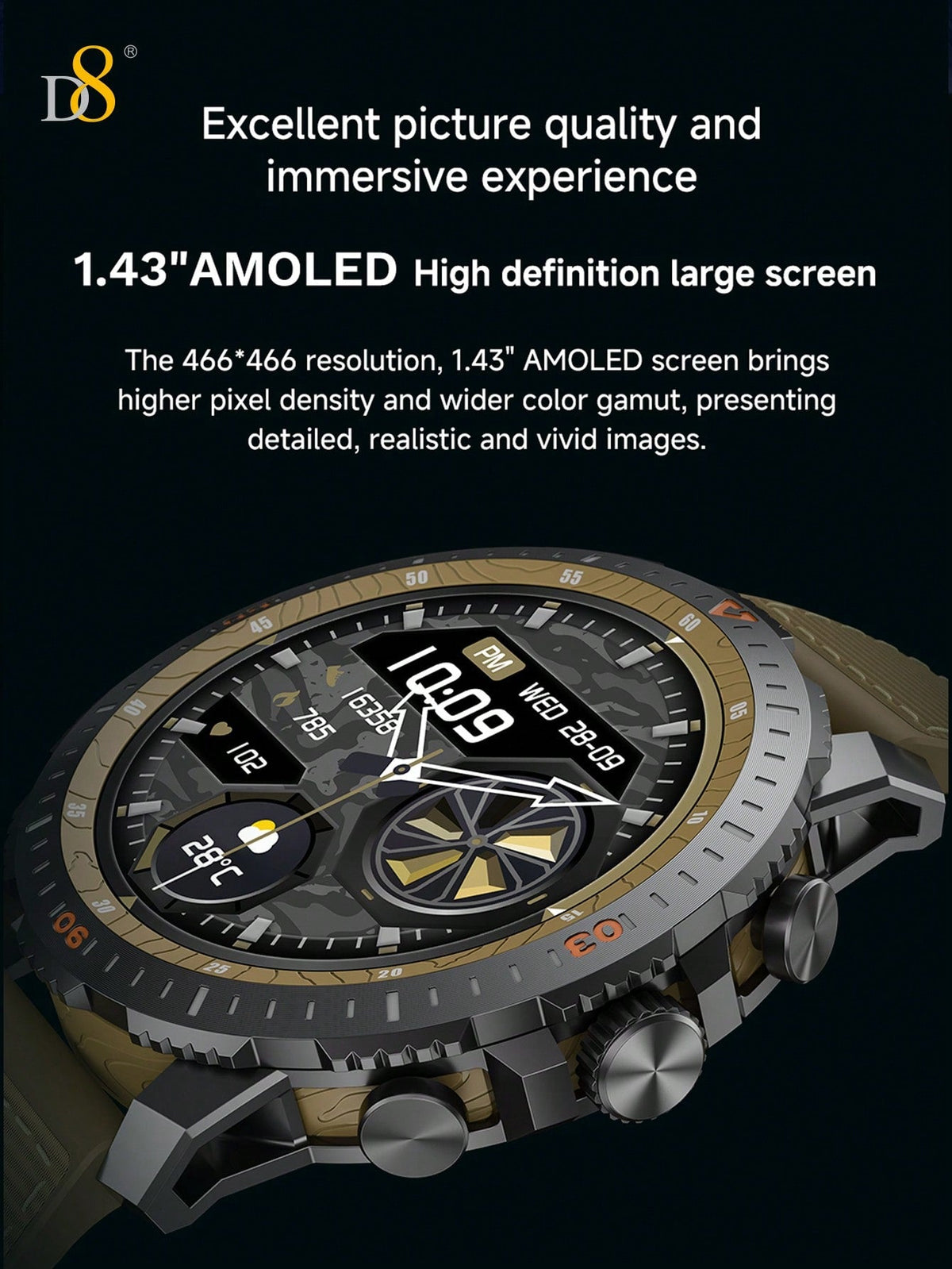 D8 Men's Rugged Smartwatch, 25-Day Battery, 1.43" AMOLED, IP67, 100 Sports
