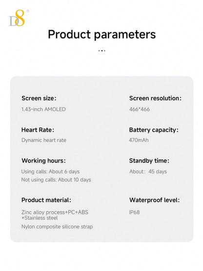 D8 Men's Rugged Smartwatch, 25-Day Battery, 1.43" AMOLED, IP67, 100 Sports