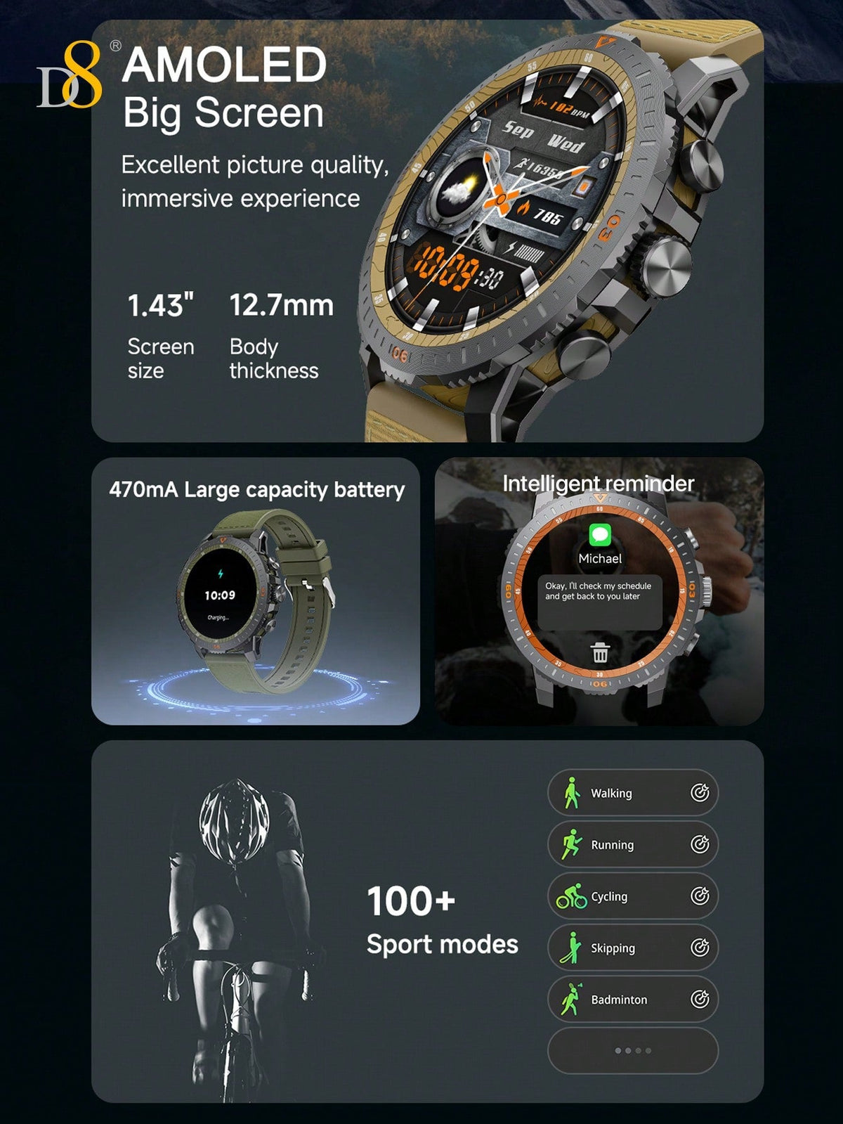 D8 Men's Rugged Smartwatch, 25-Day Battery, 1.43" AMOLED, IP67, 100 Sports