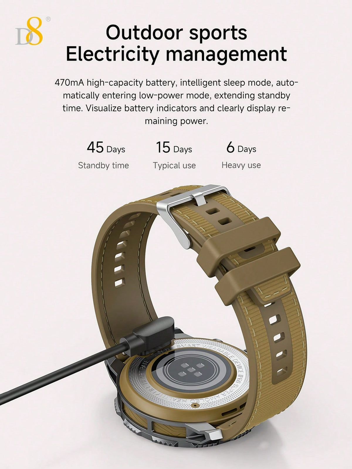 D8 Men's Rugged Smartwatch, 25-Day Battery, 1.43" AMOLED, IP67, 100 Sports