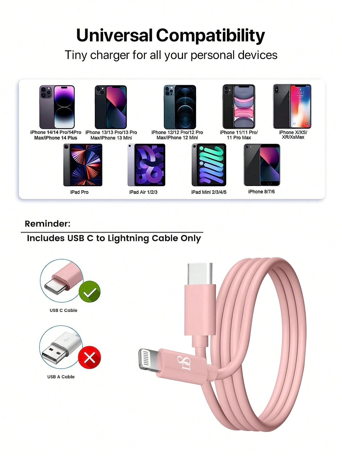 D8 iPhone Charger Cable 2-Pack 3.3ft USB-C to Lightning Fast Charging