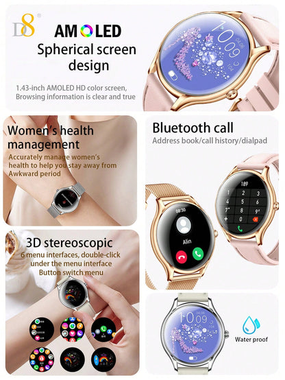 D8 Women's Smartwatch, 1.43" AMOLED, Calls, Fitness Tracker, 100+ Sports