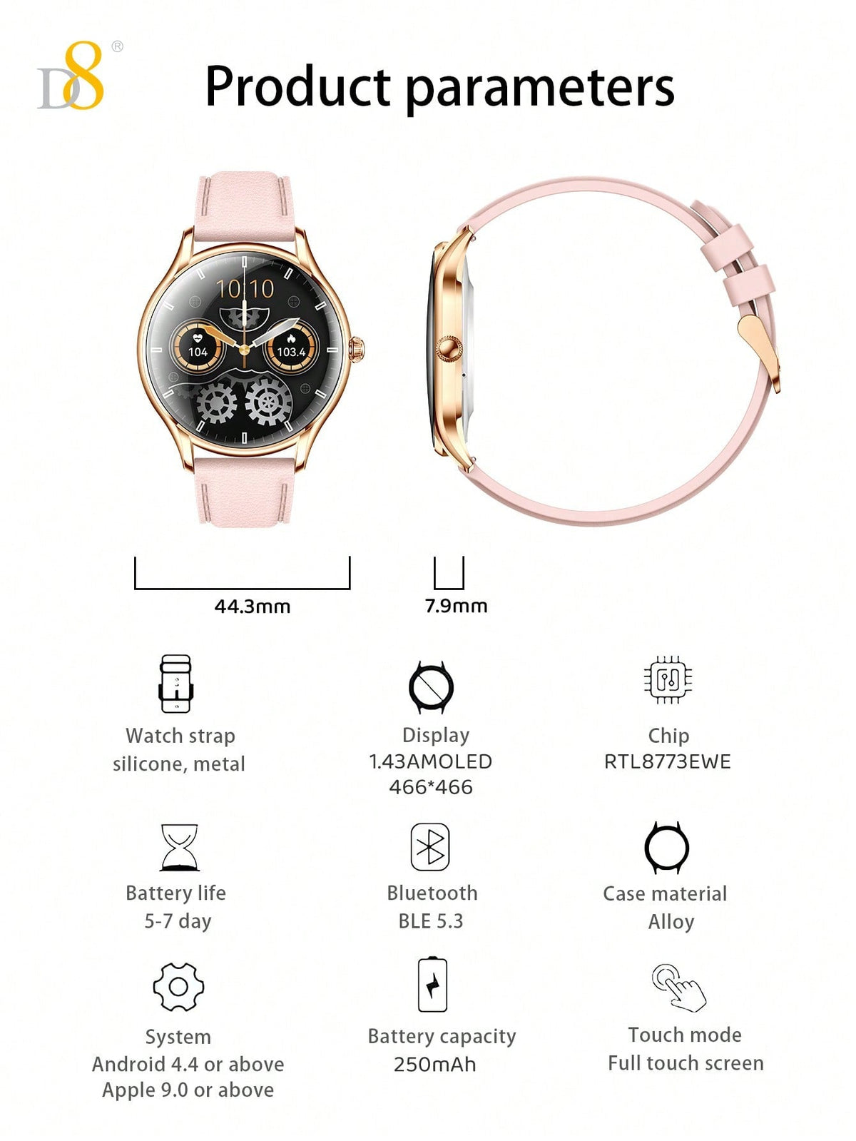 D8 Women's Smartwatch, 1.43" AMOLED, Calls, Fitness Tracker, 100+ Sports