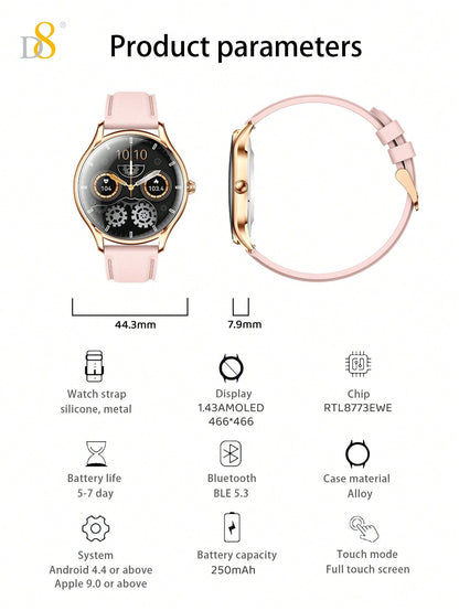 D8 Women's Smartwatch, 1.43" AMOLED, Calls, Fitness Tracker, 100+ Sports