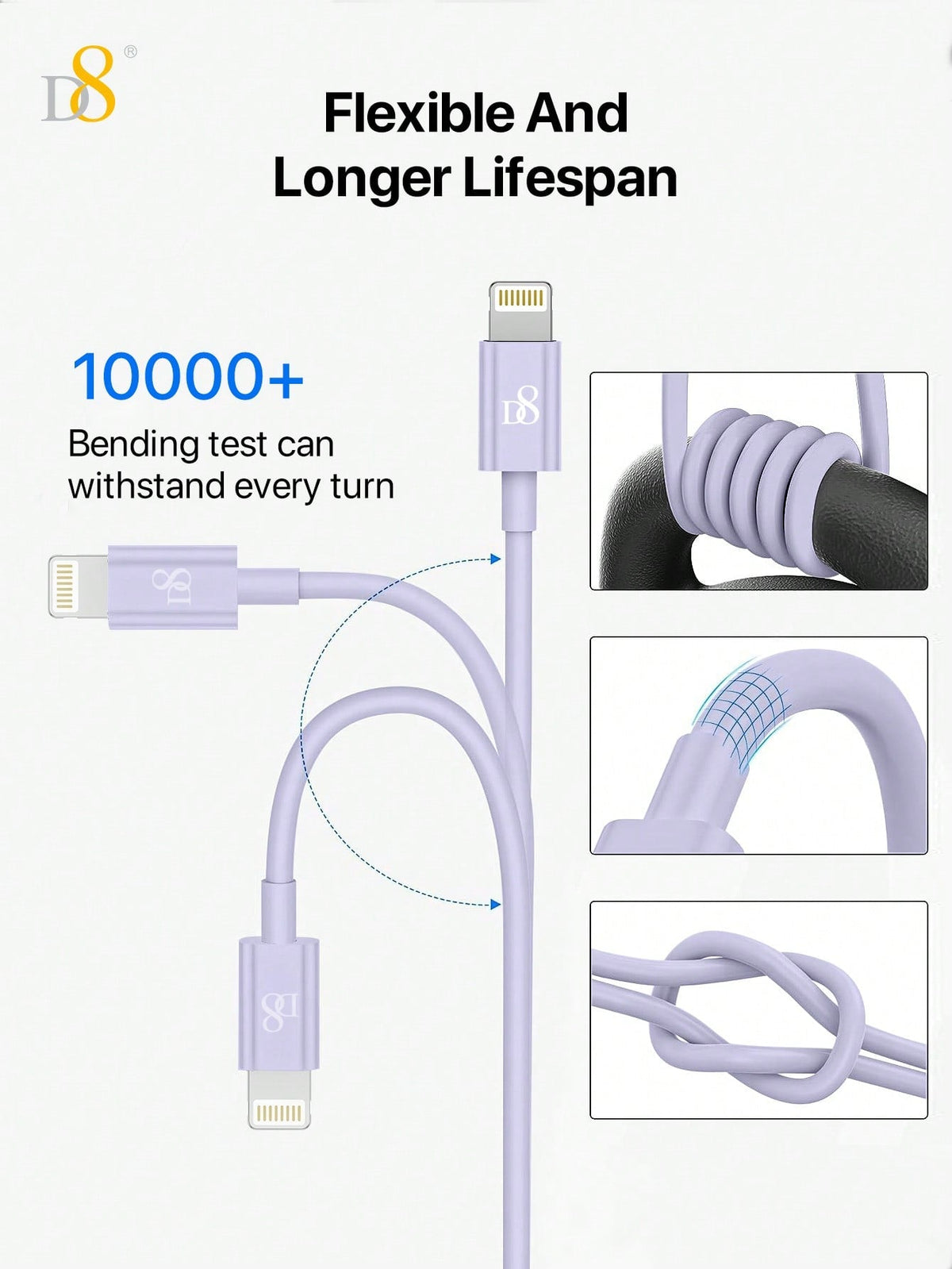 D8 iPhone Charger Cable MFi Certified USB-A to Lightning Fast Charging Multiple Lengths