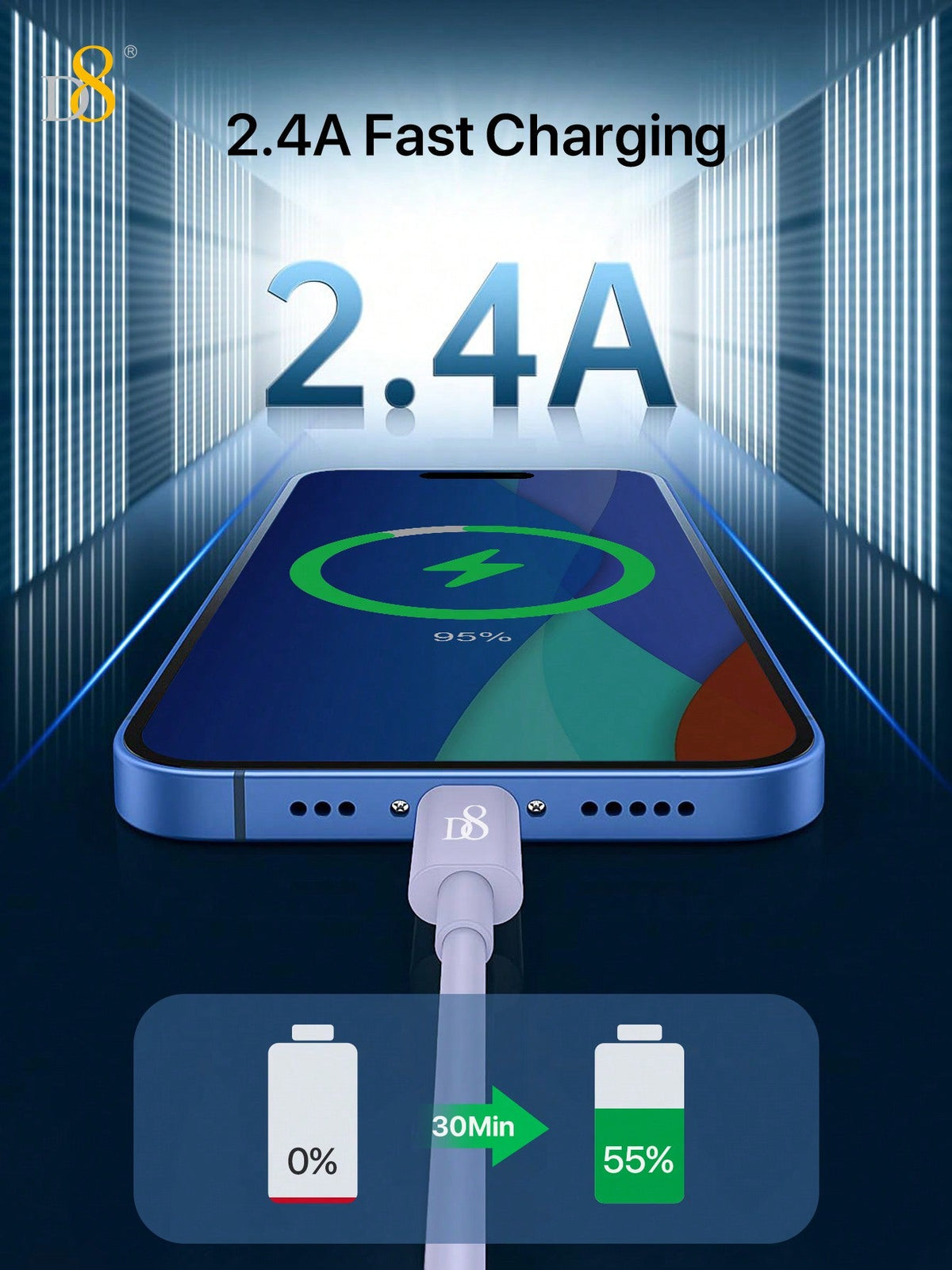 D8 iPhone Charger Cable MFi Certified USB-A to Lightning Fast Charging Multiple Lengths