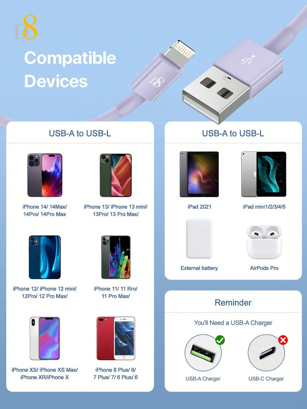 D8 iPhone Charger Cable MFi Certified USB-A to Lightning Fast Charging Multiple Lengths