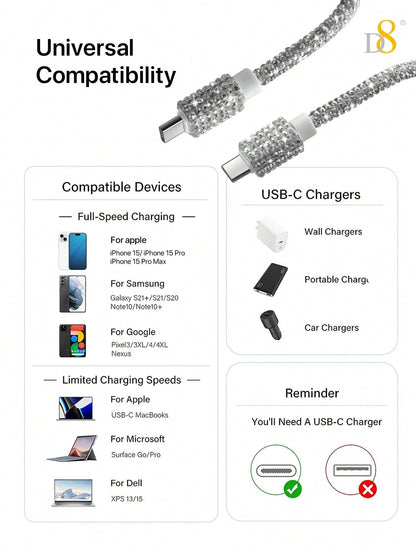 D8 USB-C to USB-C Cable – 60W Fast Charging, Crystal Rhinestone Design for iPhone, Galaxy, Pixel