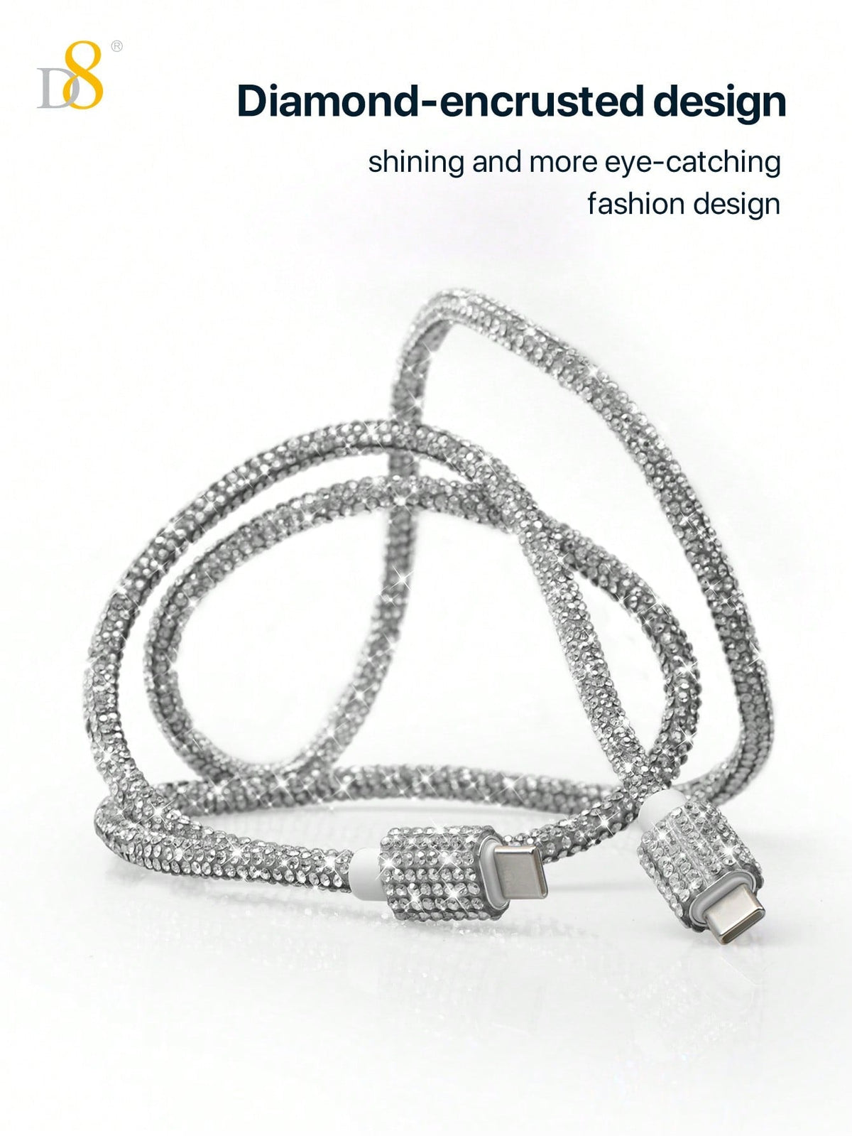 D8 USB-C to USB-C Cable – 60W Fast Charging, Crystal Rhinestone Design for iPhone, Galaxy, Pixel