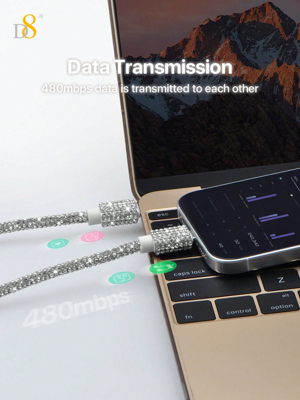 D8 USB-C to USB-C Cable – 60W Fast Charging, Crystal Rhinestone Design for iPhone, Galaxy, Pixel