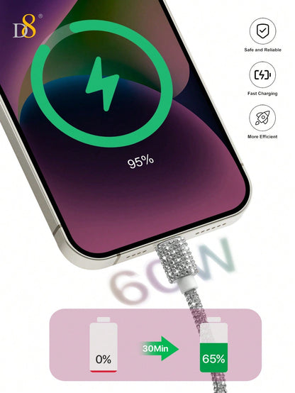 D8 USB-C Fast Charging Cable, 2-Pack 3.3FT 60W, Crystal Design for iPhone/Galaxy