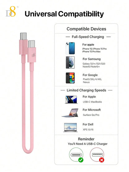 D8 USB-C Keychain Cable, 0.83FT 60W Fast Charge, Compact for iPhone/Galaxy