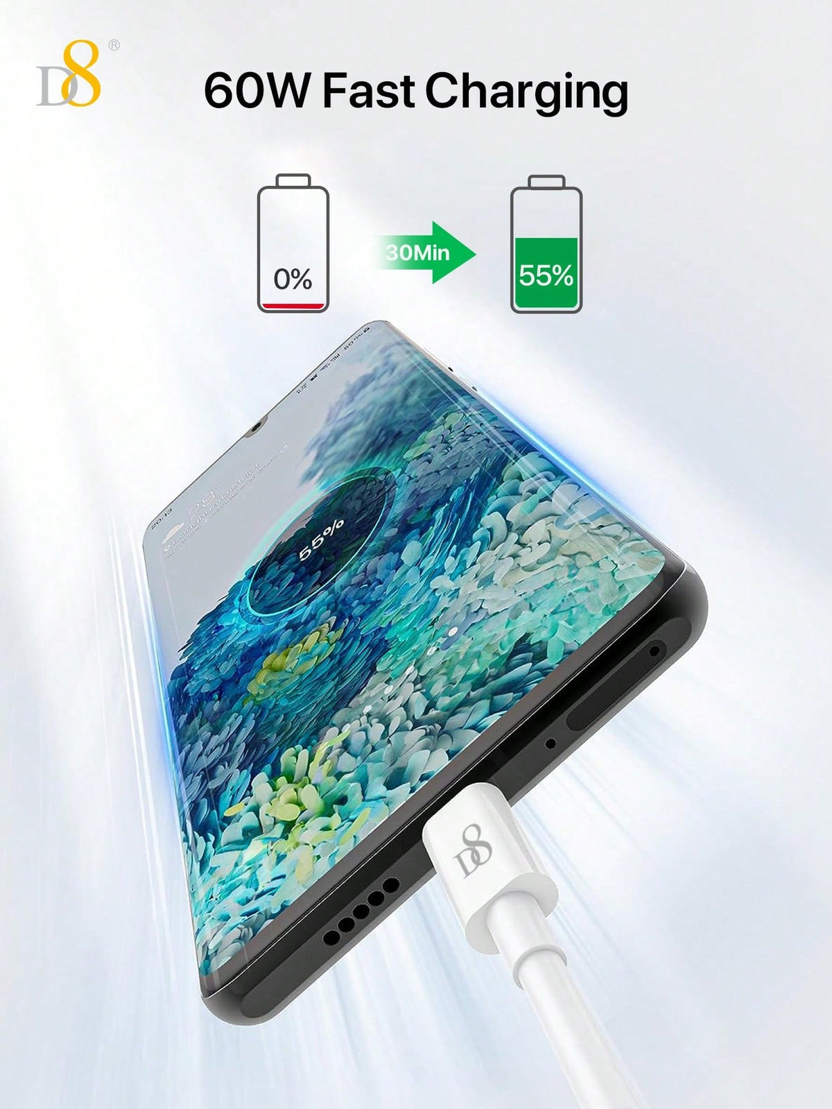 D8 USB-C to USB-C Cable (0.83ft) – 60W Fast Charging for iPhone, iPad, Galaxy