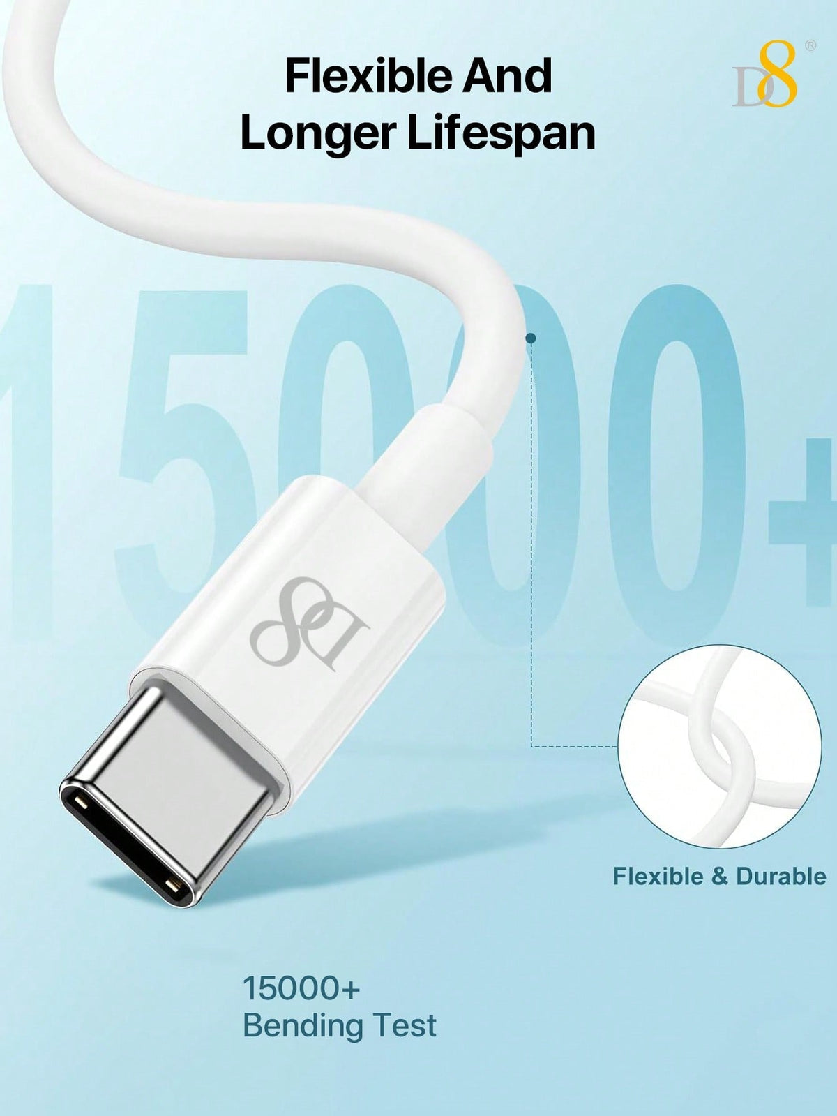 D8 USB-C to USB-C Cable (0.83ft) – 60W Fast Charging for iPhone, iPad, Galaxy