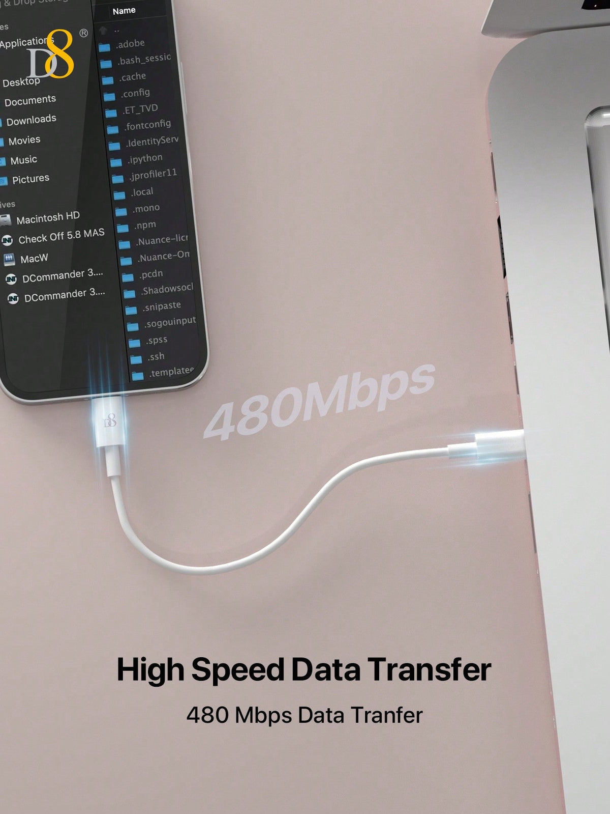 D8 USB-C to USB-C Cable (0.83ft) – 60W Fast Charging for iPhone, iPad, Galaxy