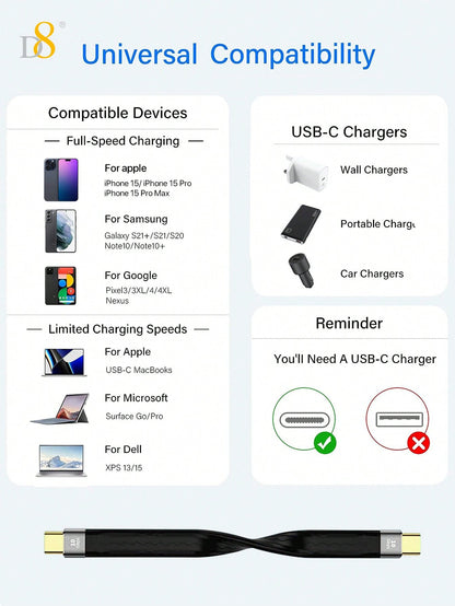 D8 USB C 3.1 Gen 2 Cable (13CM) – 10Gbps Data Transfer, 60W PD Fast Charging, 4K Video Output