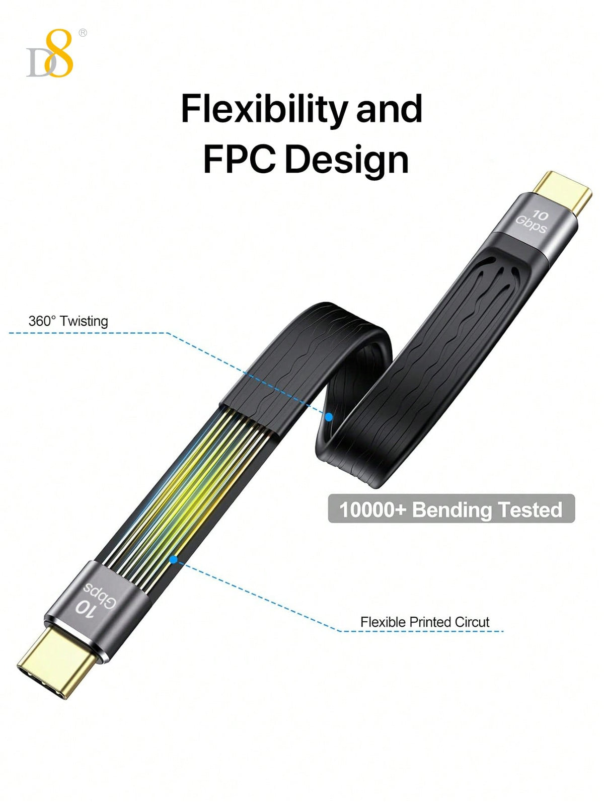 D8 USB C 3.1 Gen 2 Cable (13CM) – 10Gbps Data Transfer, 60W PD Fast Charging, 4K Video Output