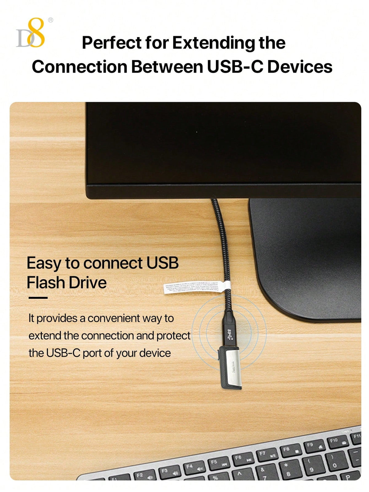 D8 USB 3.1 Type-C Extension Cable – 10Gbps, 4K Ultra HD Support for iPhone, iPad, MacBook