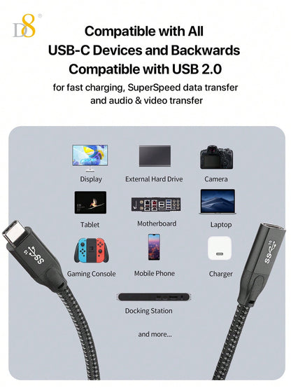 D8 USB 3.1 Type-C Extension Cable – 10Gbps, 4K Ultra HD Support for iPhone, iPad, MacBook