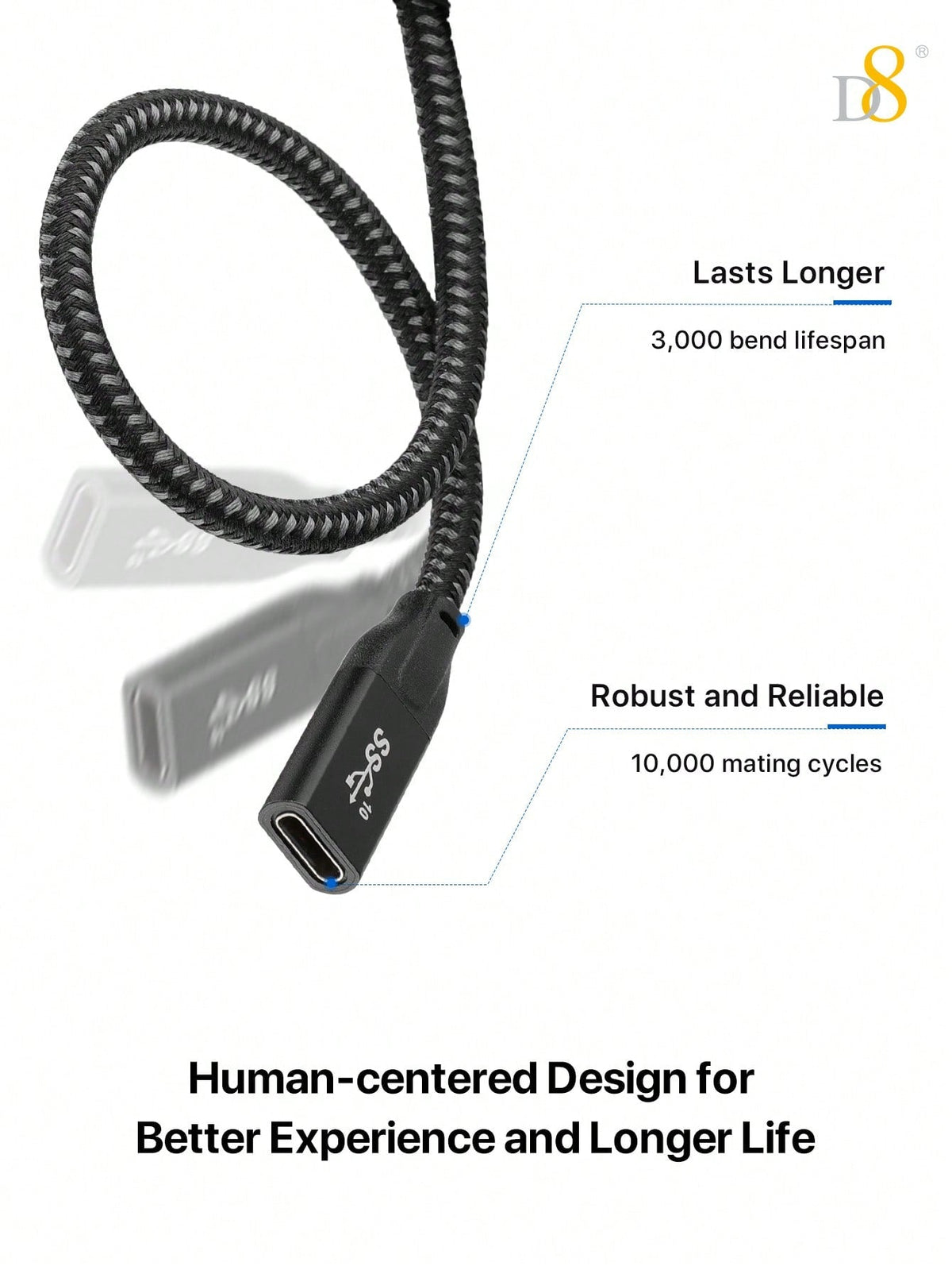 D8 USB 3.1 Type-C Extension Cable – 10Gbps, 4K Ultra HD Support for iPhone, iPad, MacBook