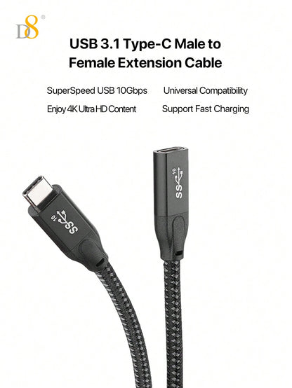 D8 USB 3.1 Type-C Extension Cable – 10Gbps, 4K Ultra HD Support for iPhone, iPad, MacBook