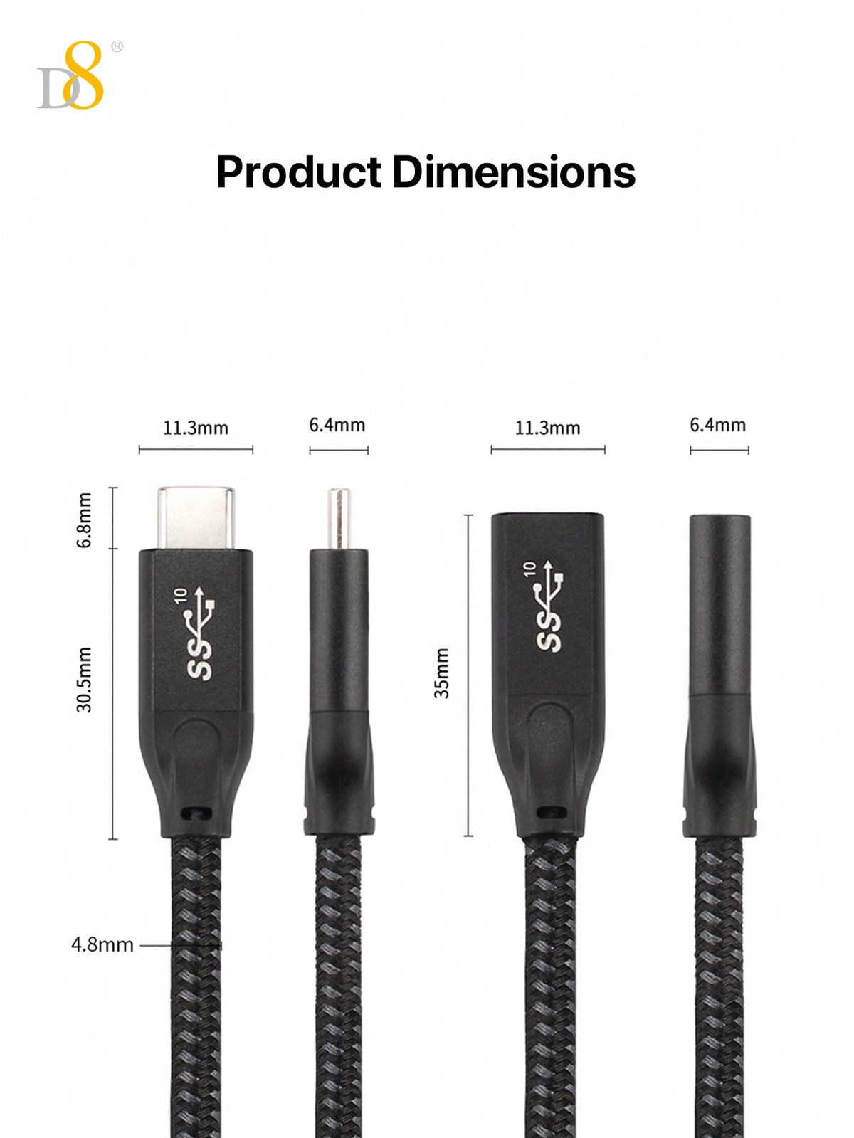 D8 USB 3.1 Type-C Extension Cable – 10Gbps, 4K Ultra HD Support for iPhone, iPad, MacBook