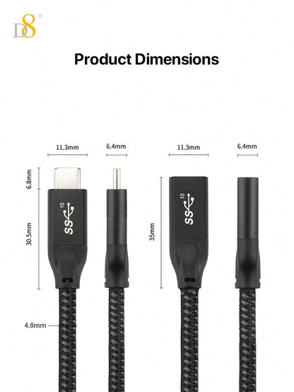 D8 USB 3.1 Type-C Extension Cable – 10Gbps, 4K Ultra HD Support for iPhone, iPad, MacBook