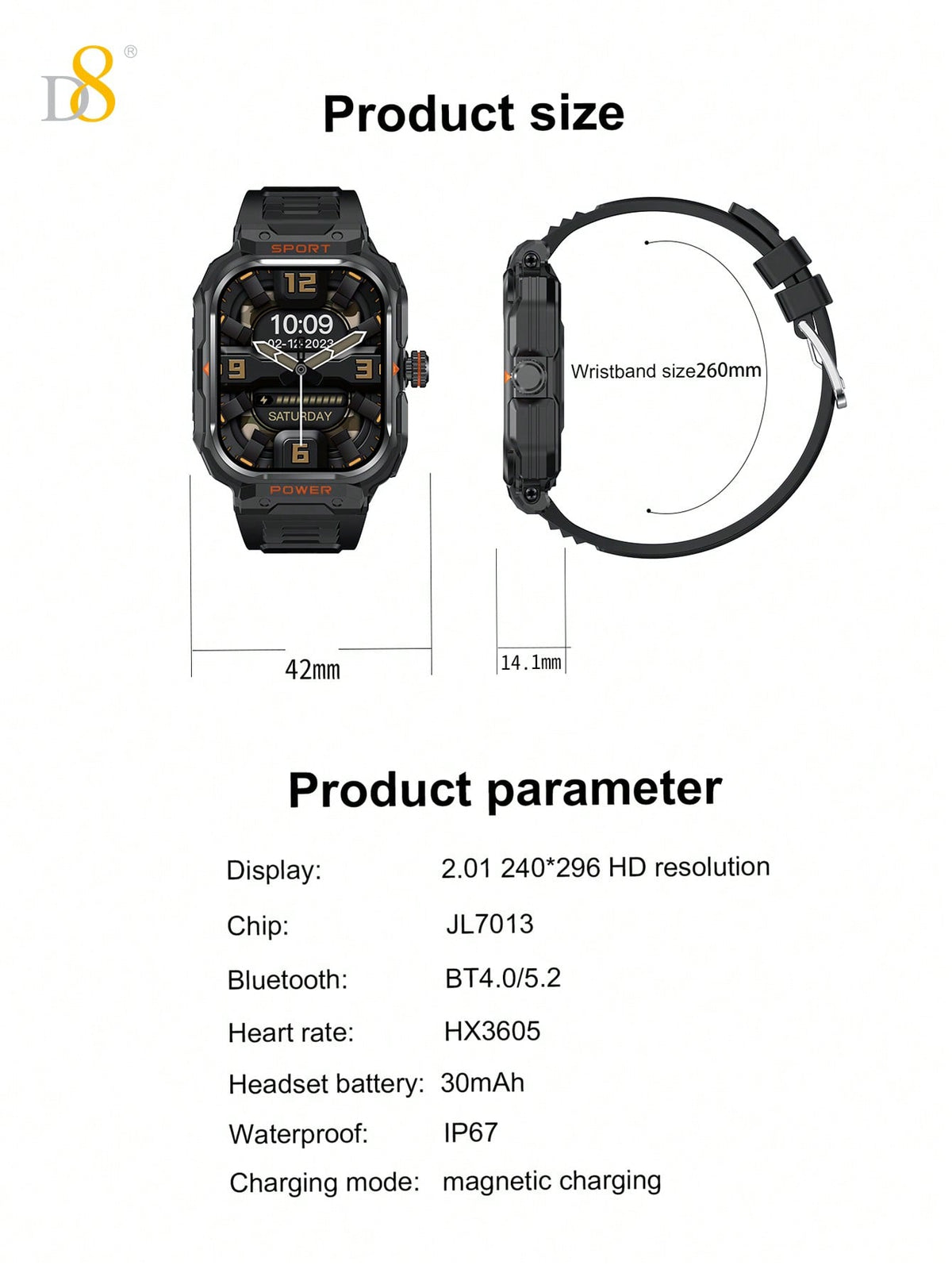 D8 Smart Watch with TWS Earbuds – Rugged 2.01" Display, Fitness Tracker, 100+ Sports Modes, Compatible with iPhone & Android