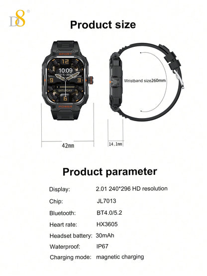 D8 Smart Watch with TWS Earbuds – Rugged 2.01" Display, Fitness Tracker, 100+ Sports Modes, Compatible with iPhone & Android