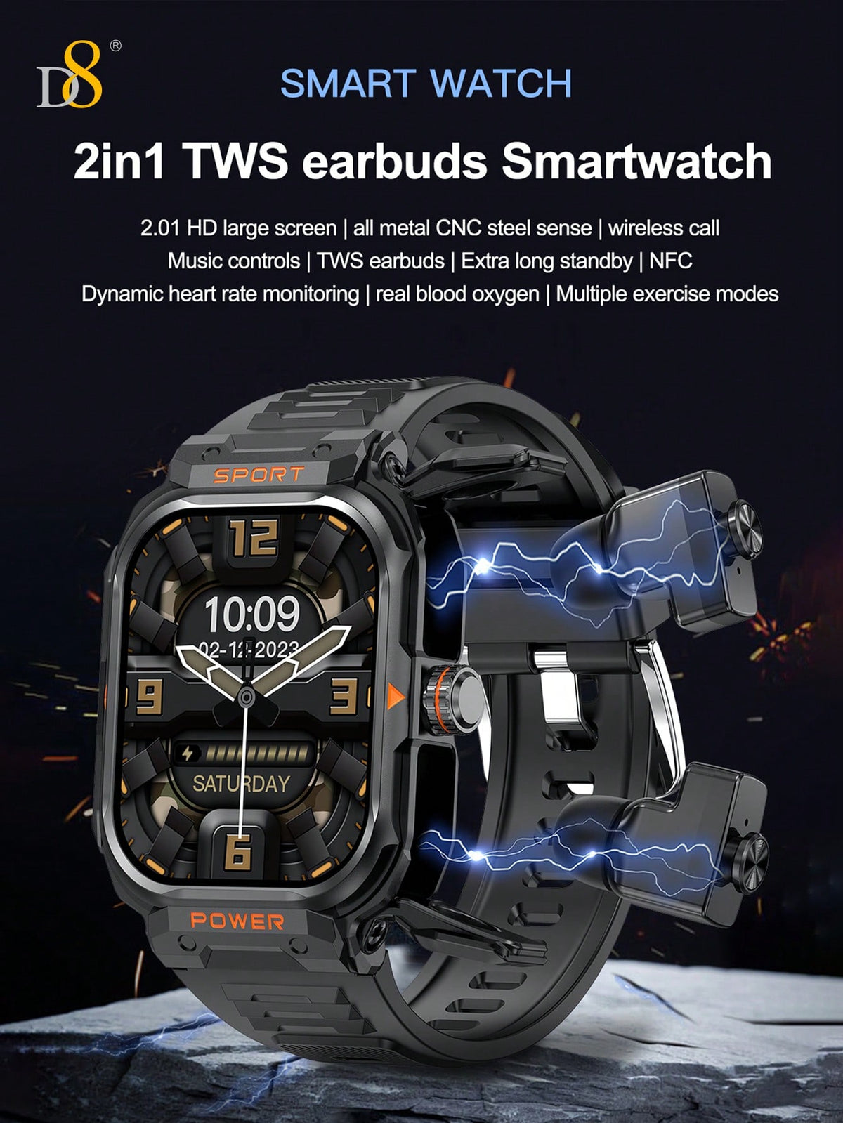 D8 Smart Watch with TWS Earbuds – Rugged 2.01" Display, Fitness Tracker, 100+ Sports Modes, Compatible with iPhone & Android