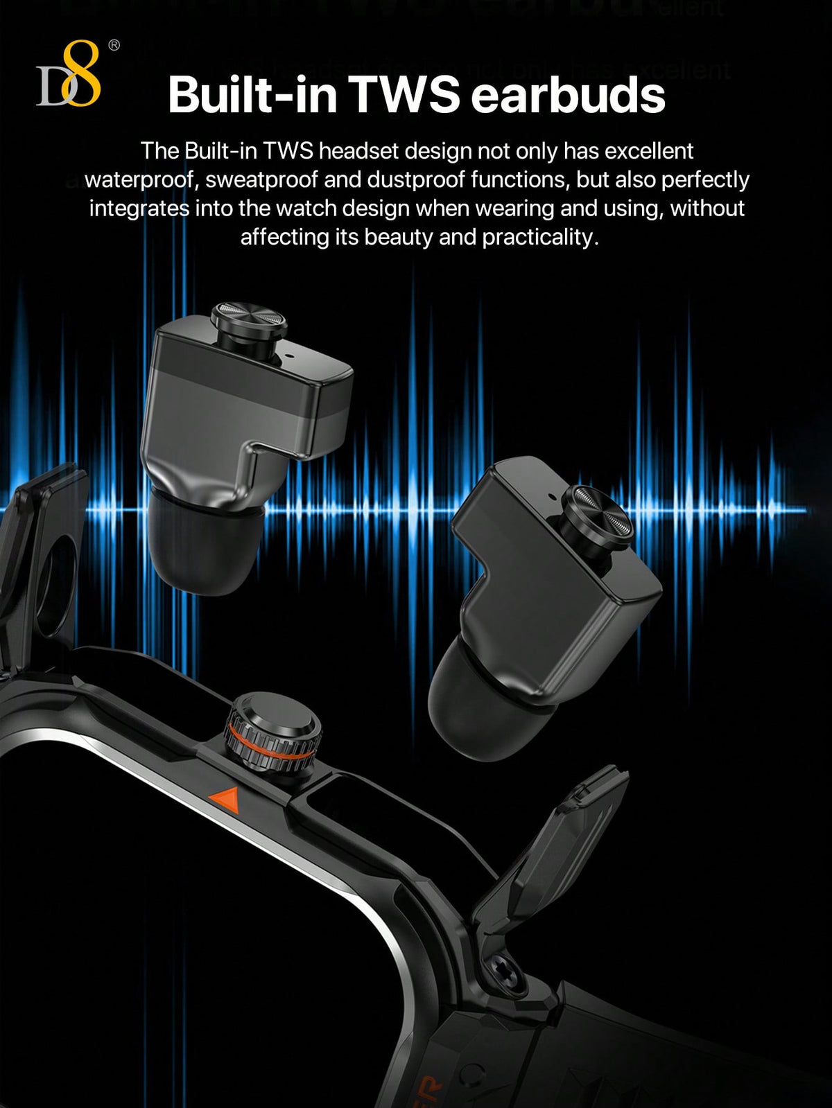 D8 Smart Watch with TWS Earbuds – Rugged 2.01" Display, Fitness Tracker, 100+ Sports Modes, Compatible with iPhone & Android