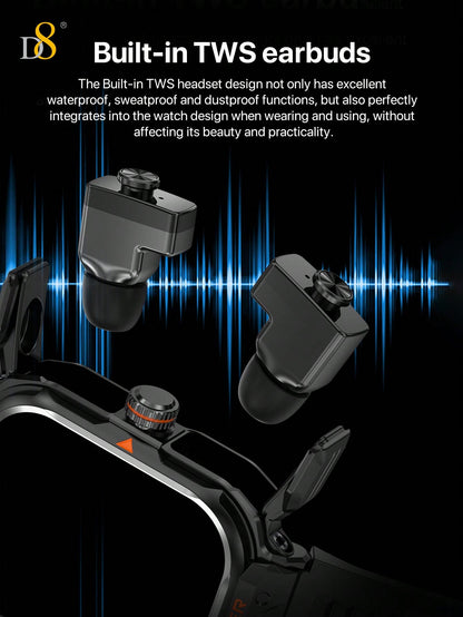 D8 Smart Watch with TWS Earbuds – Rugged 2.01" Display, Fitness Tracker, 100+ Sports Modes, Compatible with iPhone & Android