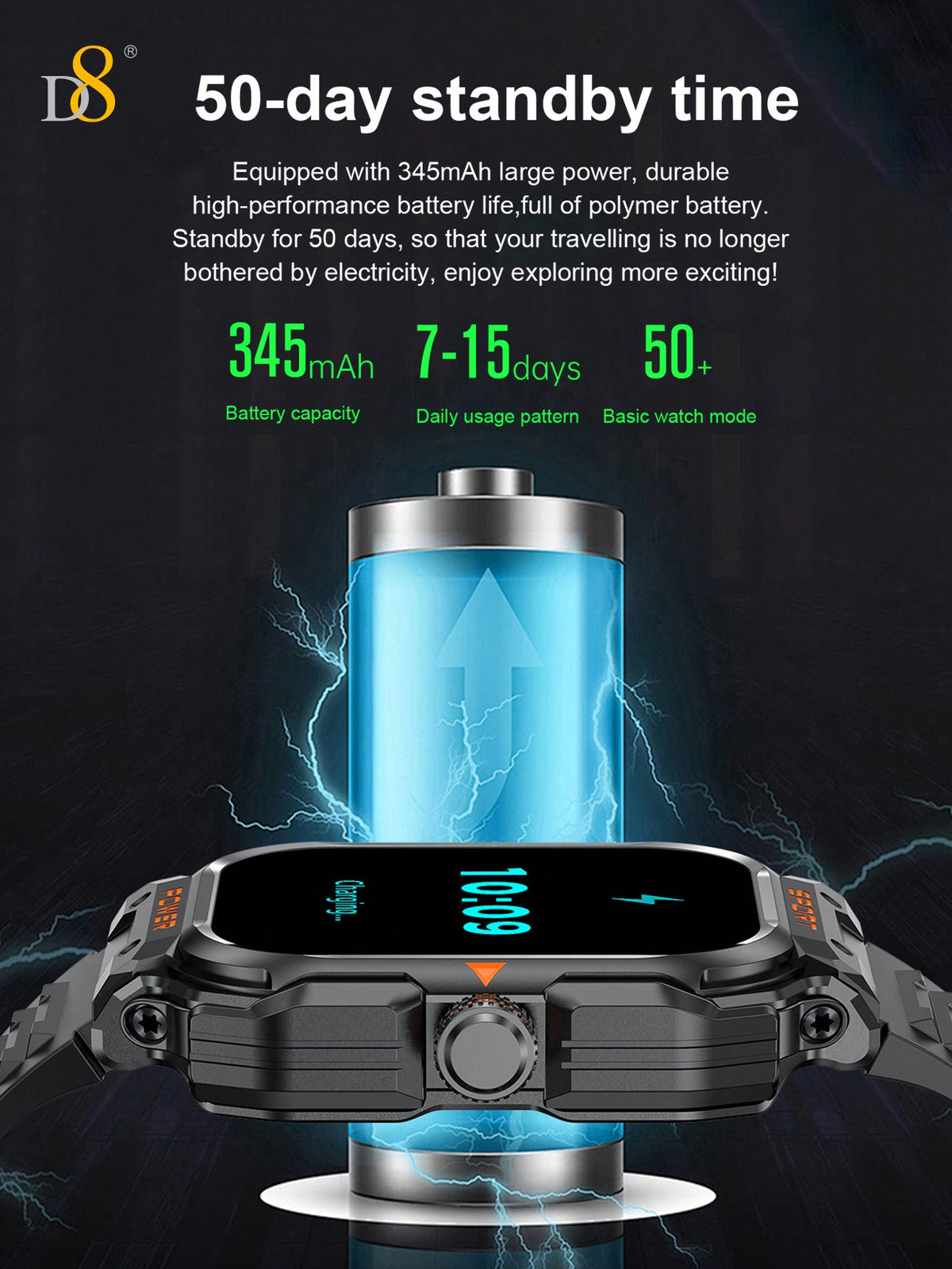 D8 Smart Watch with TWS Earbuds – Rugged 2.01" Display, Fitness Tracker, 100+ Sports Modes, Compatible with iPhone & Android