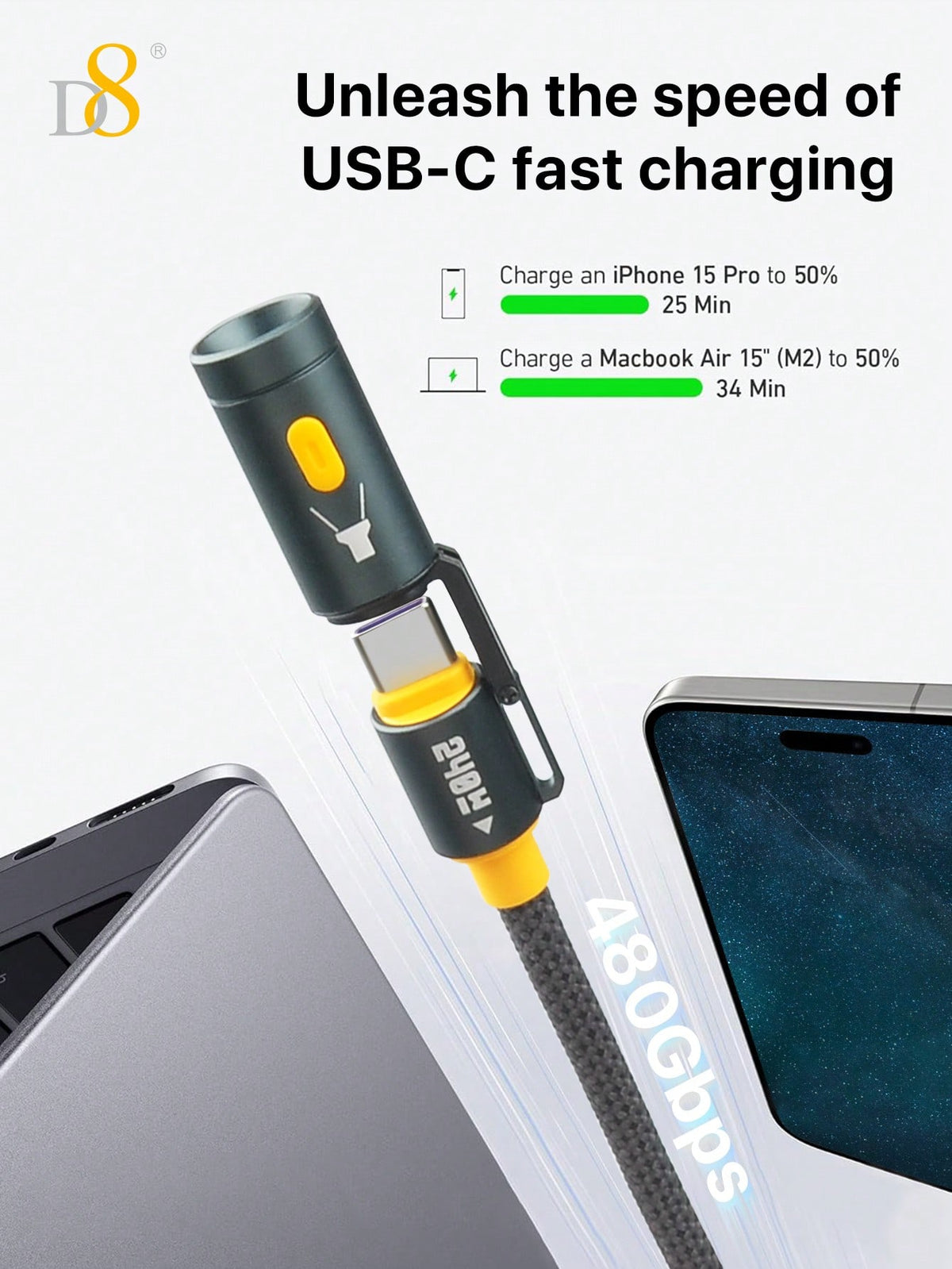 D8 All-In-1 Portable Charging Cable – 240W USB-C to USB-C with LED Lighting & Heating Element