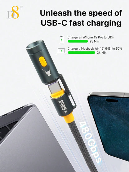 D8 All-In-1 Portable Charging Cable – 240W USB-C to USB-C with LED Lighting & Heating Element