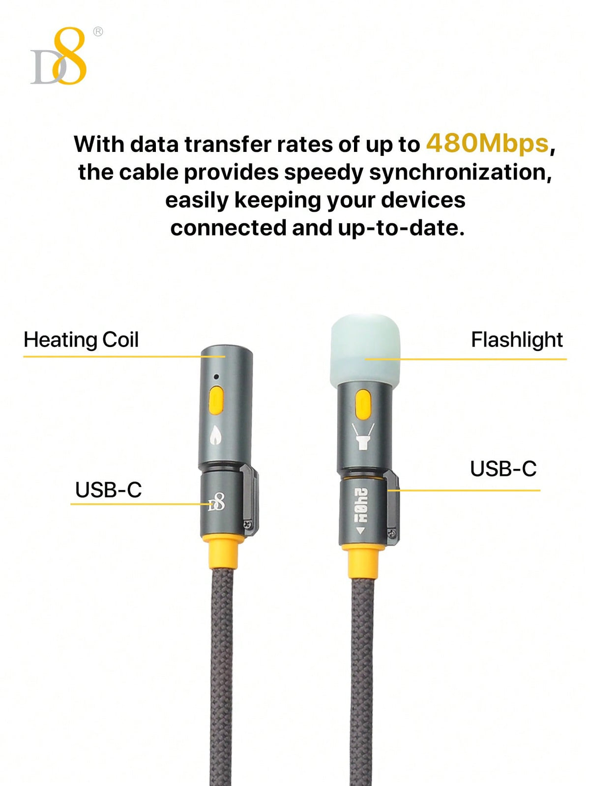 D8 All-In-1 Portable Charging Cable – 240W USB-C to USB-C with LED Lighting & Heating Element