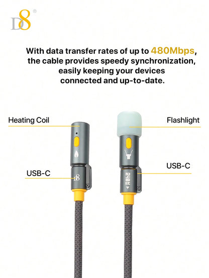 D8 All-In-1 Portable Charging Cable – 240W USB-C to USB-C with LED Lighting & Heating Element