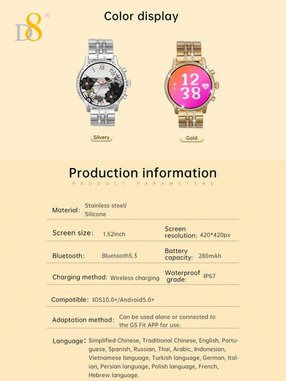 D8 Gold Smartwatch: 1.52” Touch Screen, Calls & Fitness Tracker