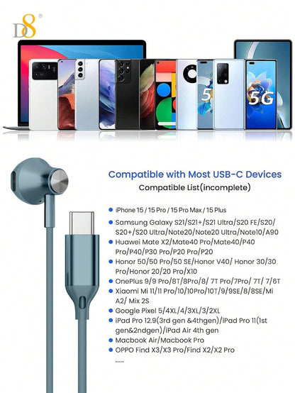 D8 USB-C In-Ear Earphones, Mic & Volume Control, for iPhone/Galaxy/iPad