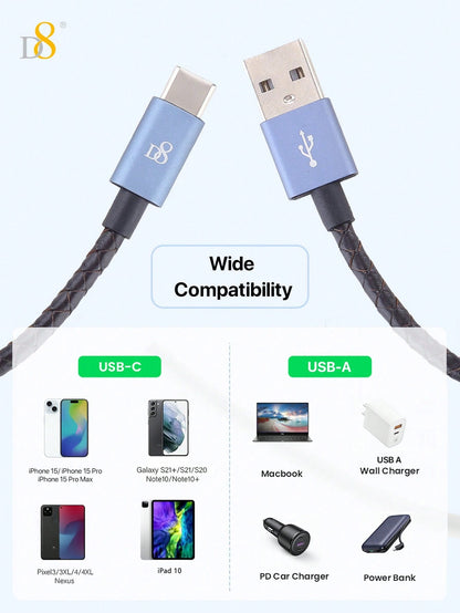 D8 Genuine Leather Short Type-C Charging Cable – 60W, 0.2M
