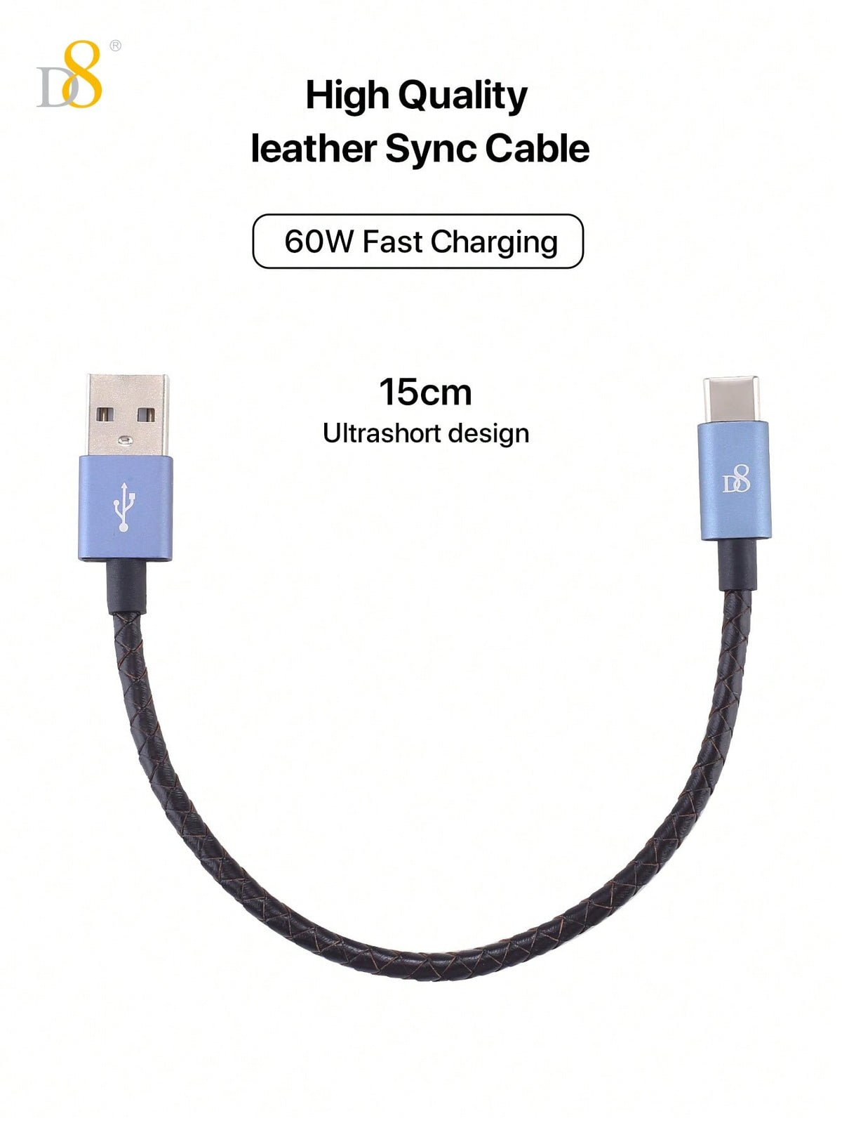 D8 Genuine Leather Short Type-C Charging Cable – 60W, 0.2M