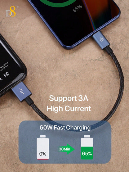 D8 Genuine Leather Short Type-C Charging Cable – 60W, 0.2M